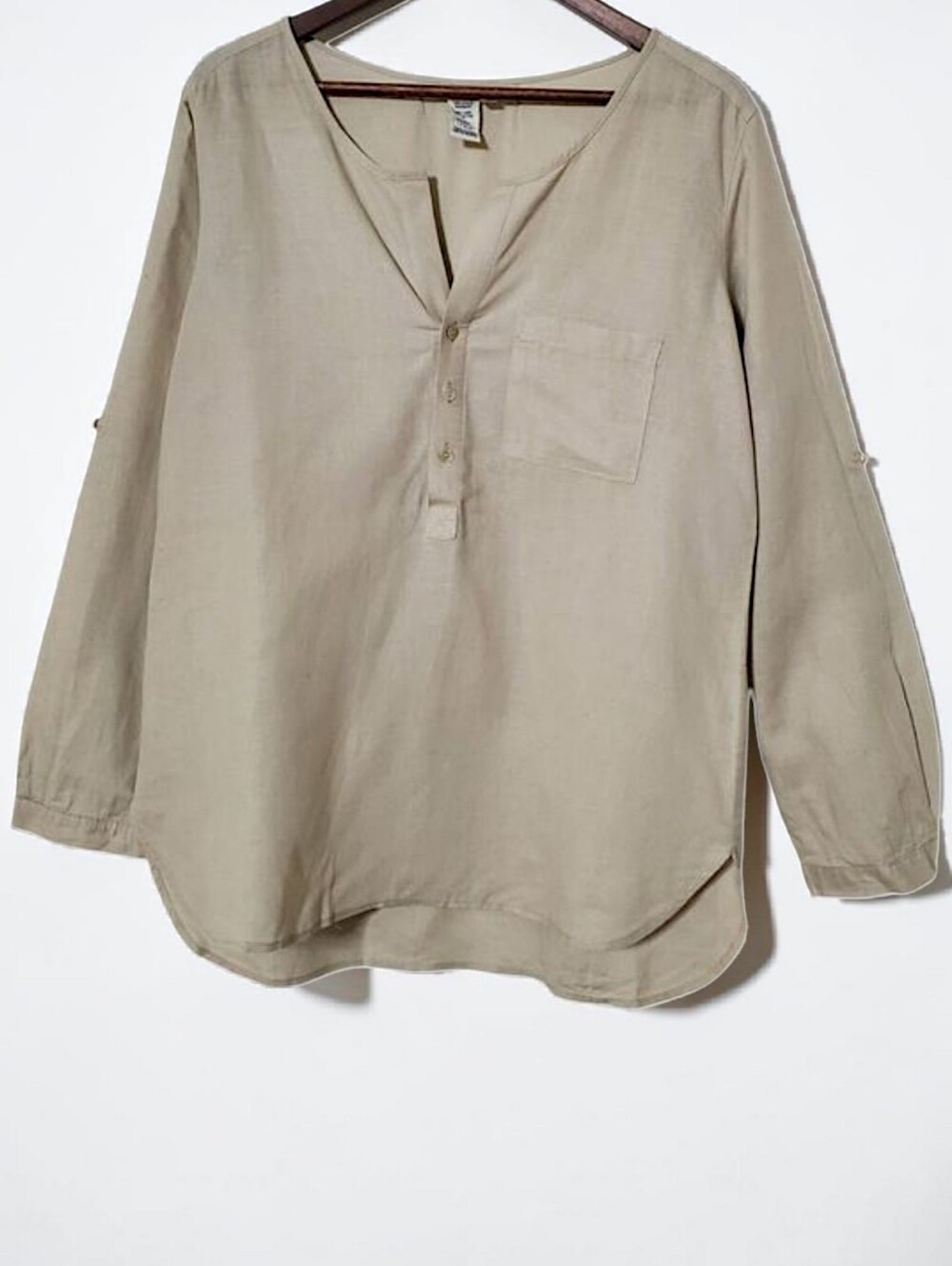 Max Studio Linen Blend Tunic Top Size M Beige Button Up Long Sleeve Lagenlook